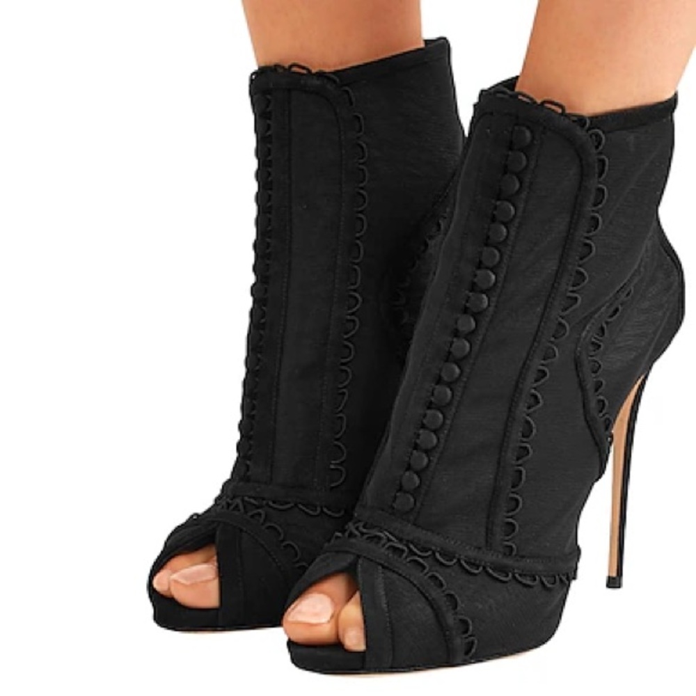 EUC Dolce & Gabbana Embroidered Mesh Suede Peep Toe Ankle Boots Black 36 $1,745